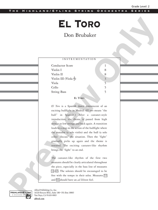 El Toro – String Orchestra Conductor Score & Parts (Digital Download)