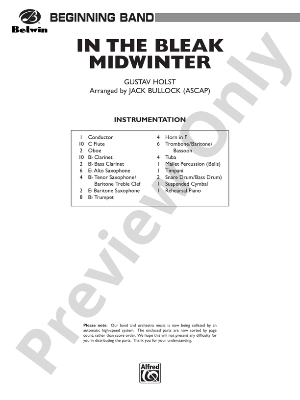 In the Bleak Midwinter (Grade 1) - Concert Band Conductor Score & Parts (Digital Download)
