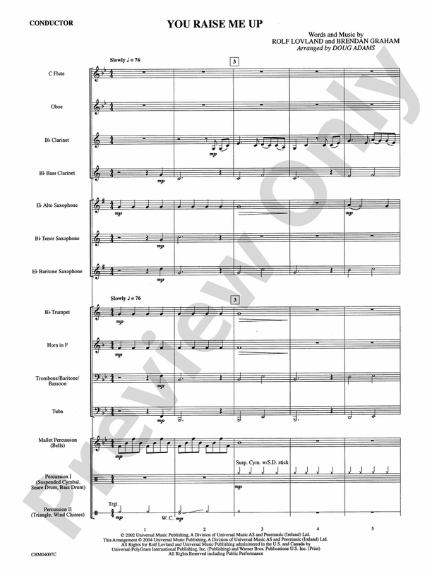 You Raise Me Up - Concert Band Conductor Score & Parts (Digital Download)