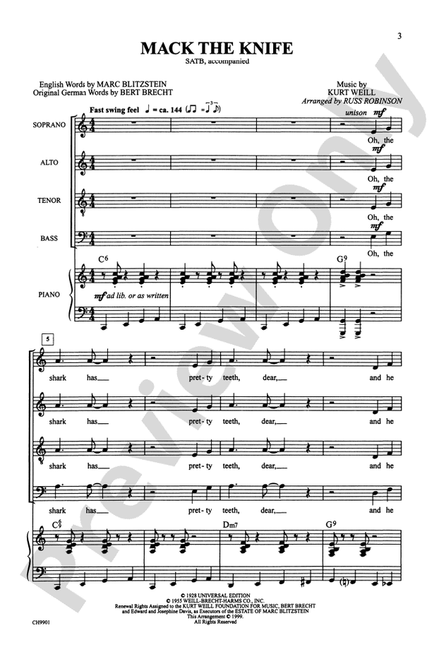 Mack the Knife - Arr. Russell L. Robinson – SATB Choral Octavo (Digital Download)