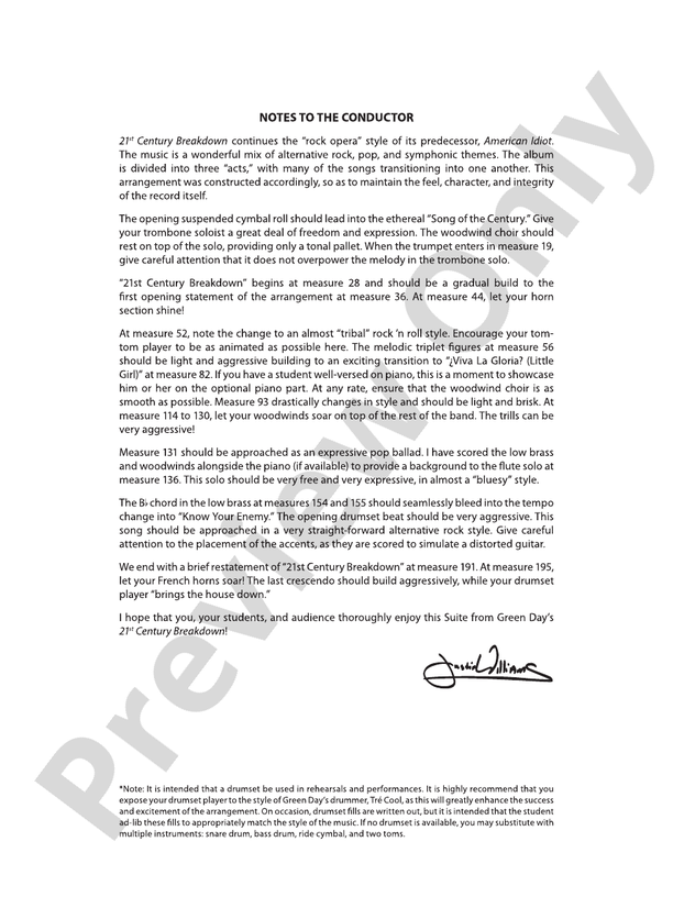 21st Century Breakdown, Suite from Green Day's - Concert Band Conductor Score & Parts (Digital Download)