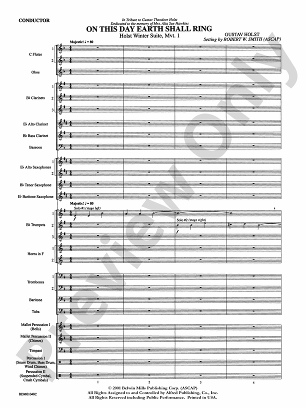 On This Day Earth Shall Ring (Holst Winter Suite, Mvt. I) - Concert Band Conductor Score & Parts (Digital Download)