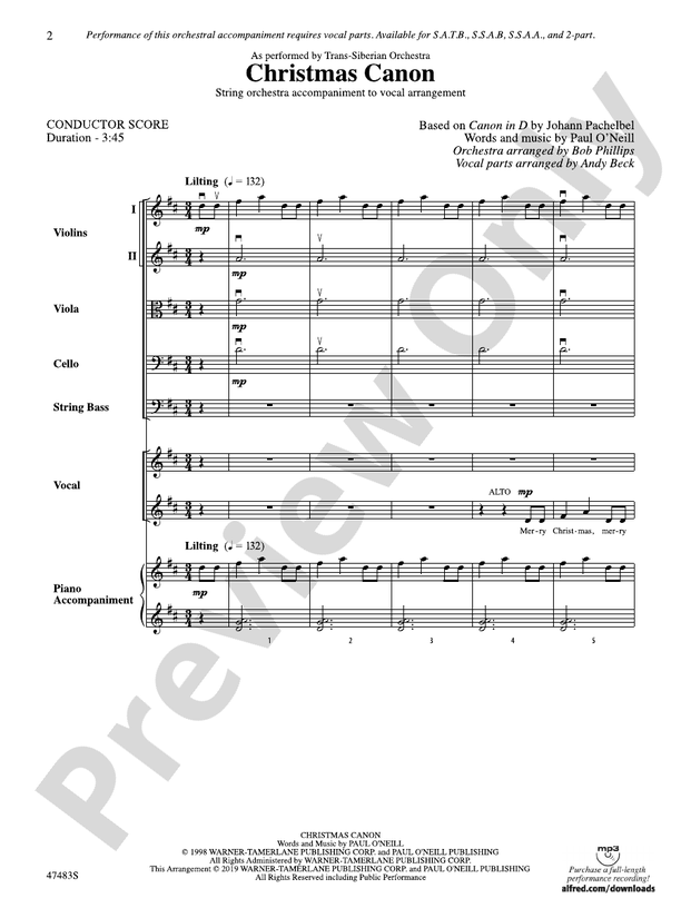 Christmas Canon - String Orchestra Conductor Score & Parts (Digital Download)