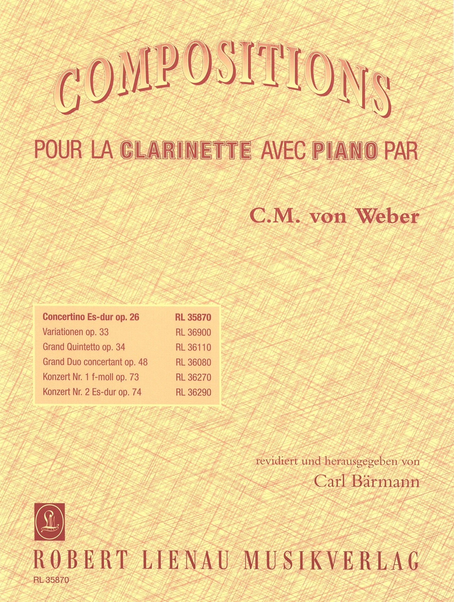 Weber - Concertino in Ebmaj Op26 - Clarinet/Piano Accompaniment edited by Baermann Lienau RL35870