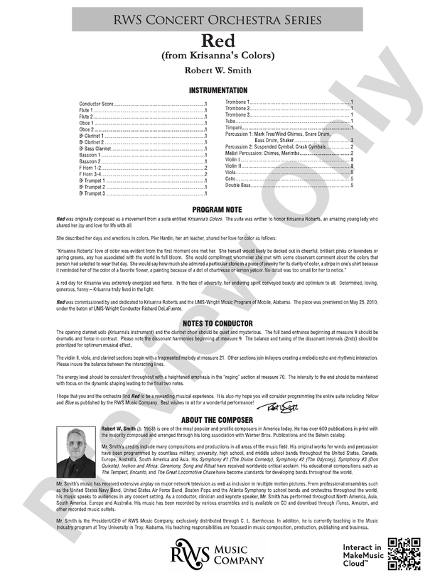 Red - From Krisanna's Colors - Full Orchestra Conductor Score & Parts (Digital Download)