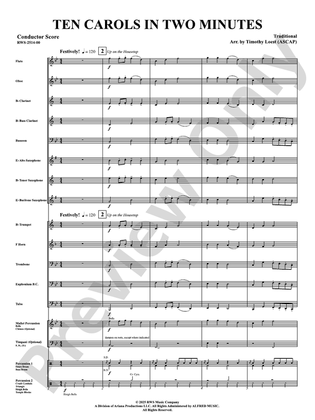 Ten Carols In Two Minutes - Concert Band Conductor Score & Parts(Digital Download)