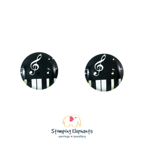Stud Earrings Glass Black with a White Treble Clef with Keyboard