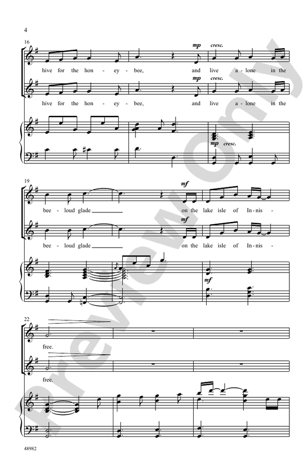 The Lake Isle of Innisfree - SSA Choral Octavo (Digital Download)