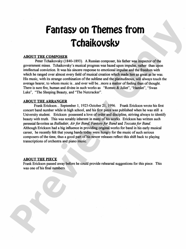 Fantasy on Themes from Tchaikovsky - Concert Band Conductor Score & Parts (Digital Download)