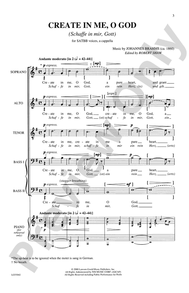Create in Me, O God (Schaffe in mir, Gott) – SATBB, a cappella Choral Octavo (Digital Download)
