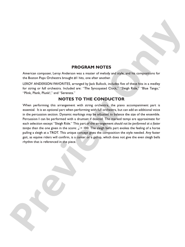 Leroy Anderson Favorites – Full Orchestra Conductor Score & Parts (Digital Download)