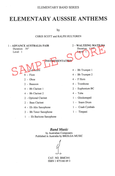 Scott/Hultgren - Elementary Aussie Anthems - Concert Band grade 1 Brolga Music Publishing