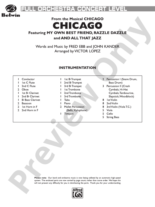 Chicago (from the musical Chicago) – Full Orchestra Conductor Score & Parts (Digital Download)