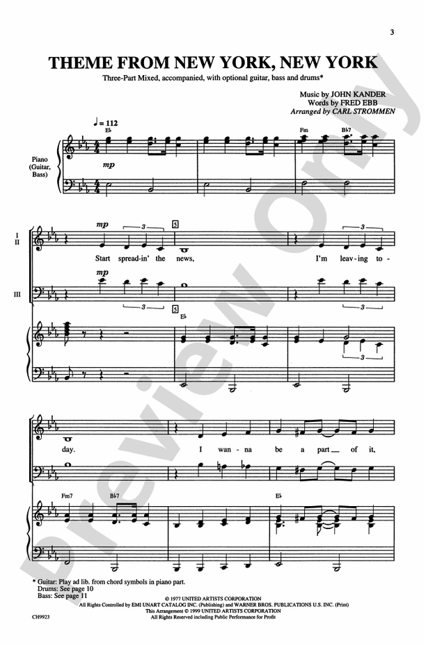 New York, New York, Theme from - 3-Part Mixed Choral Octavo (Digital Download)