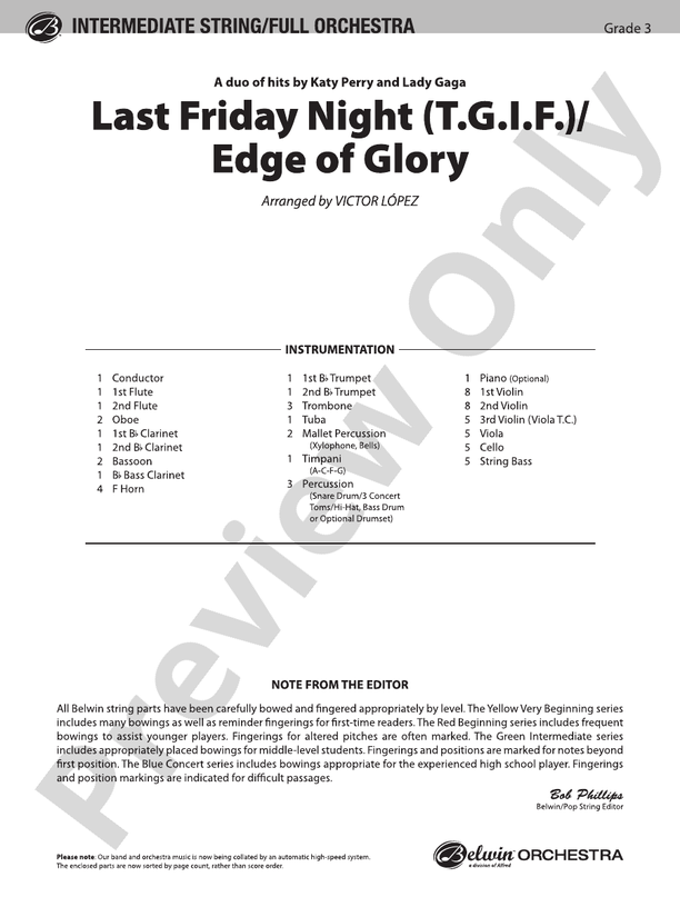 Last Friday Night (T.G.I.F.) / Edge of Glory - Full Orchestra Conductor Score & Parts (Digital Download)