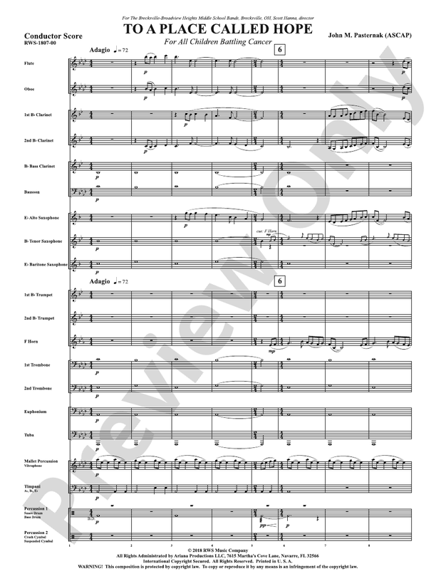 To a Place Called Hope - For All Children Battling Cancer - Concert Band Conductor Score & Parts (Digital Download)