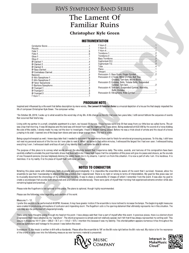The Lament of Familiar Ruins - Concert Band Conductor Score & Parts(Digital Download)
