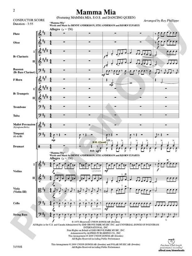 Mamma Mia, Selections from – Full Orchestra Conductor Score & Parts (Digital Download)