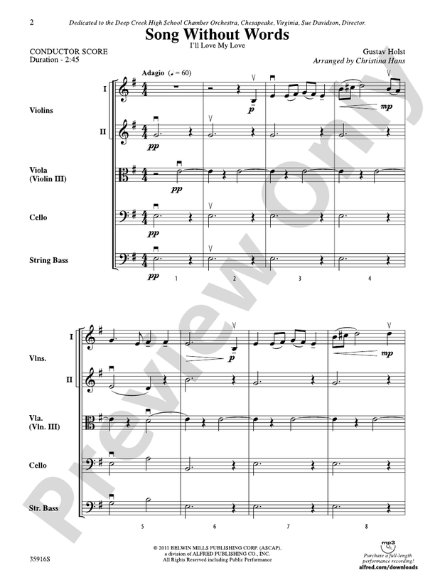 Song Without Words – String Orchestra Conductor Score & Parts (Digital Download)