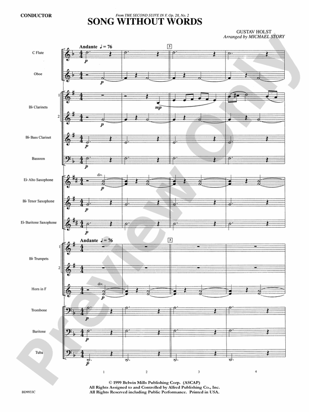 Song Without Words - Concert Band Conductor Score & Parts (Digital Download)