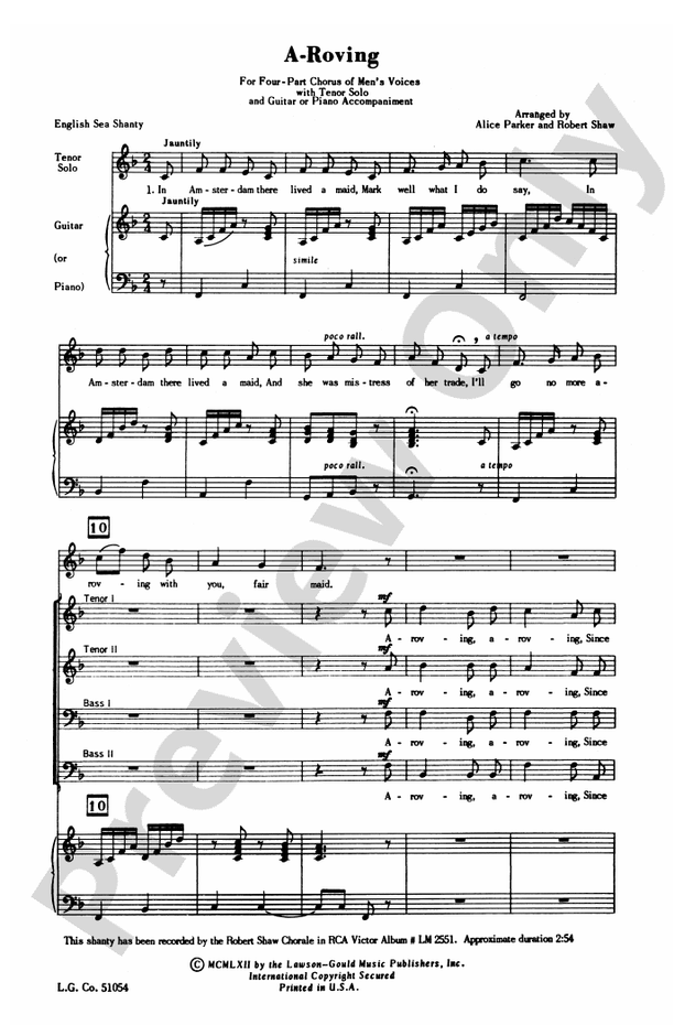 A-Roving - TTBB (Tenor Solo) Choral Octavo (Digital Download)