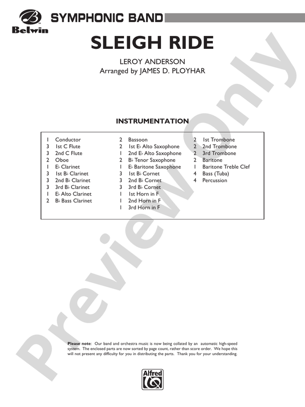 Sleigh Ride (Grade 2 Arr. James D Ployhar) - Concert Band Conductor Score & Parts (Digital Download)