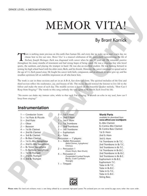 Memor Vita! - Concert Band Conductor Score & Parts (Digital Download)