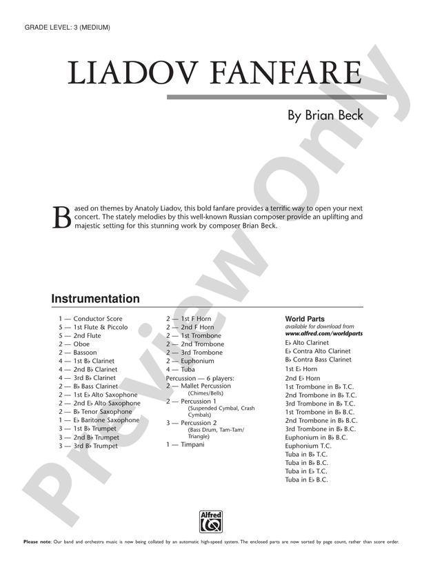 Liadov Fanfare - Concert Band Conductor Score & Parts (Digital Download)