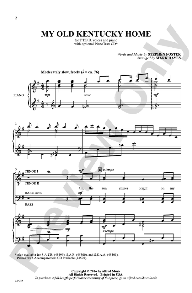 My Old Kentucky Home – TTBB Choral Octavo (Digital Download)