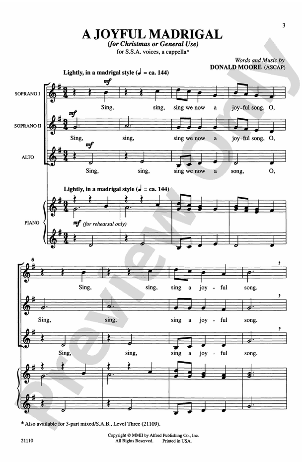 A Joyful Madrigal - SSA, a cappella Choral Octavo (Digital Download)