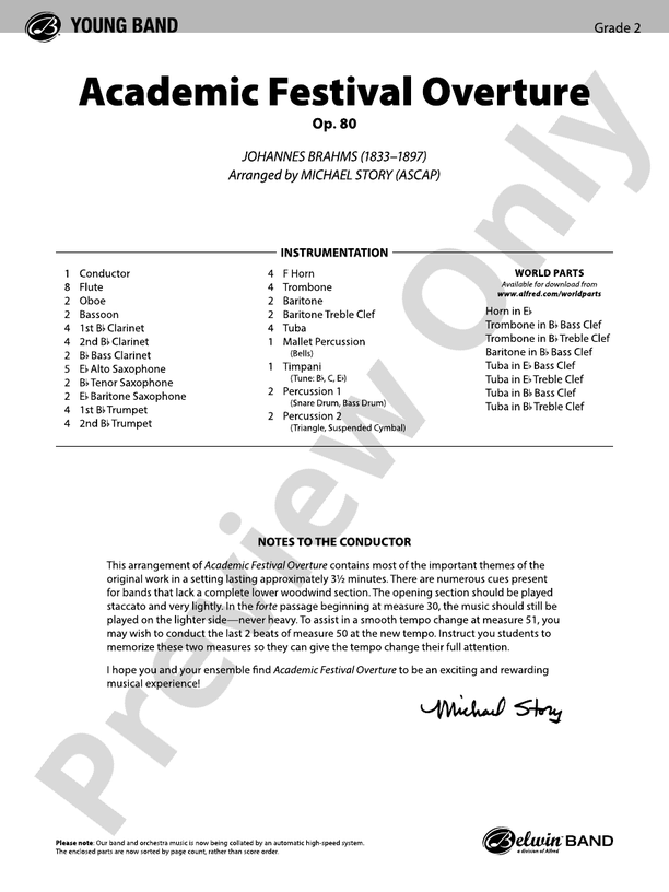 Academic Festival Overture (Grade 2) - Concert Band Conductor Score & Parts (Digital Download)