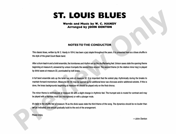 St. Louis Blues (Arr. John Denton) - Jazz Ensemble Conductor Score & Parts (Digital Download)