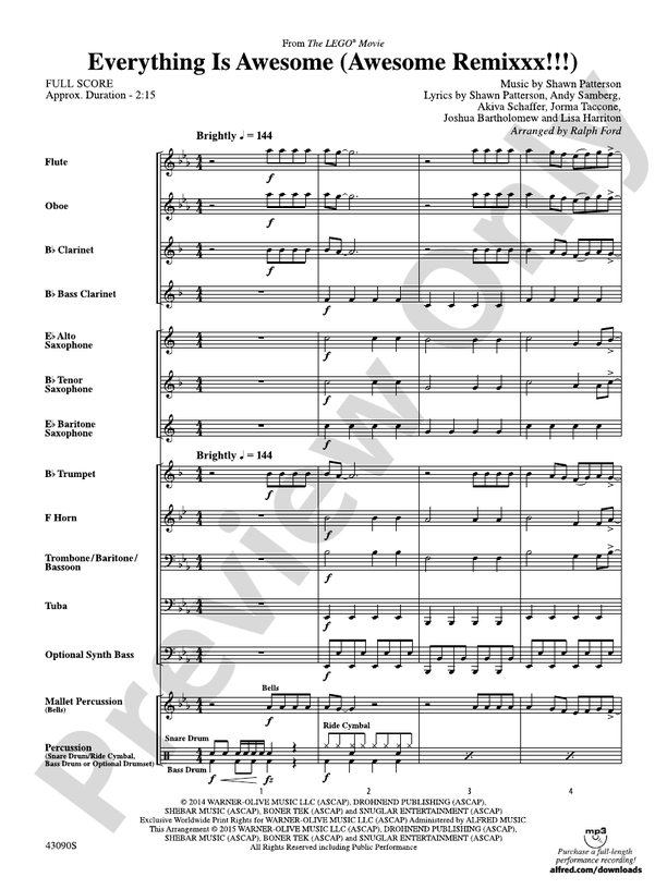 Everything Is Awesome (Awesome Remixxx!!!) (from The Lego¬Æ Movie) - Concert Band Conductor Score & Parts (Digital Download)