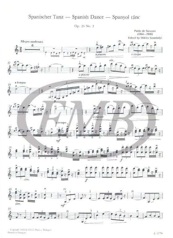 Sarasate - Spanish Dance Op26/2 - Violin/Piano Accompaniment edited by Szenthelyi EMB Z12774