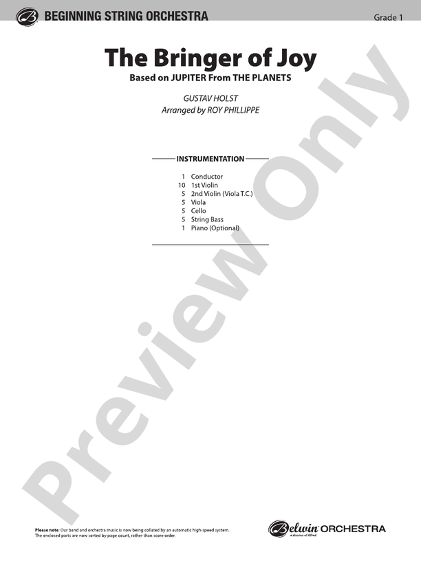 The Bringer of Joy (based on "Jupiter" from The Planets) – String Orchestra Conductor Score & Parts (Digital Download)