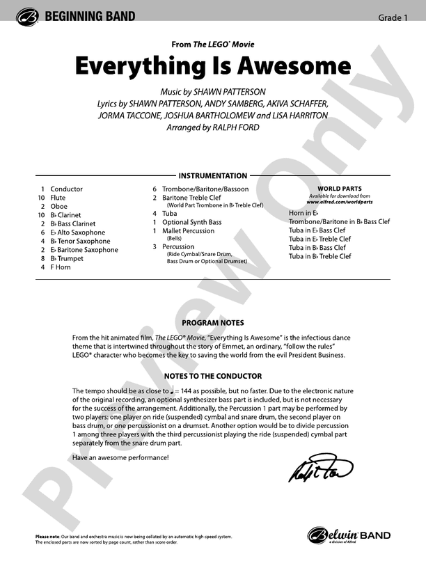 Everything Is Awesome (Awesome Remixxx!!!) (from The Lego¬Æ Movie) - Concert Band Conductor Score & Parts (Digital Download)