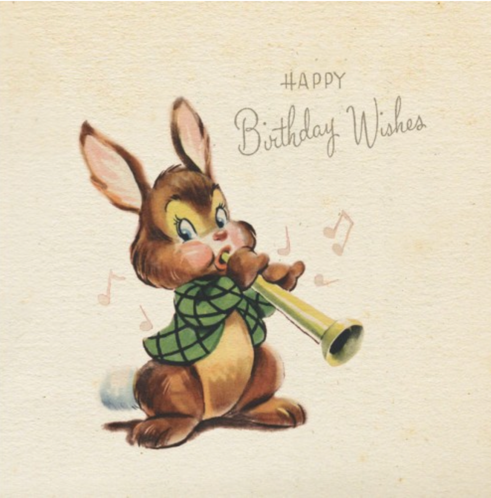 Greeting Card Happy Birthday Wishes Rabbit Playing the Horn