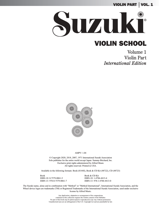 Suzuki Violin School Book/Vol. 1 International Edition - Violin Book Only [No CD] 0144S