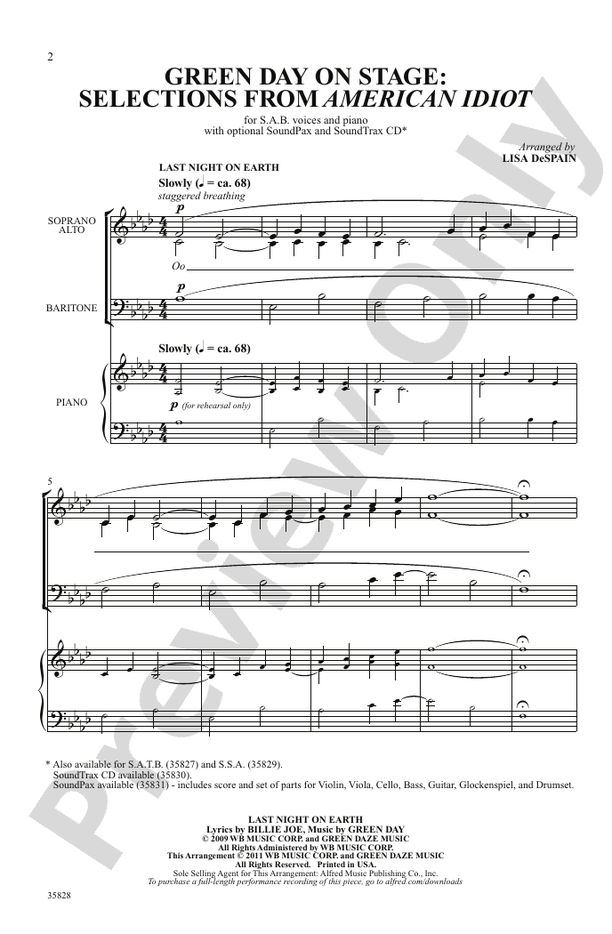 Green Day on Stage: Selections from American Idiot - SAB Choral Octavo (Digital Download)