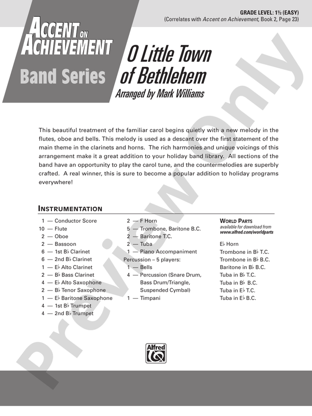 O Little Town of Bethlehem (Grade 1.5) - Concert Band Conductor Score & Parts (Digital Download)