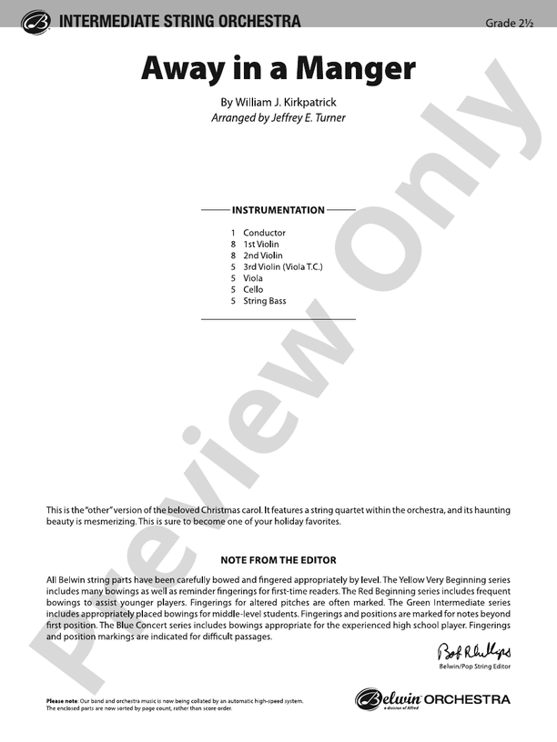 Away in a Manger (Grade 2.5) - String Orchestra Conductor Score & Parts (Digital Download)