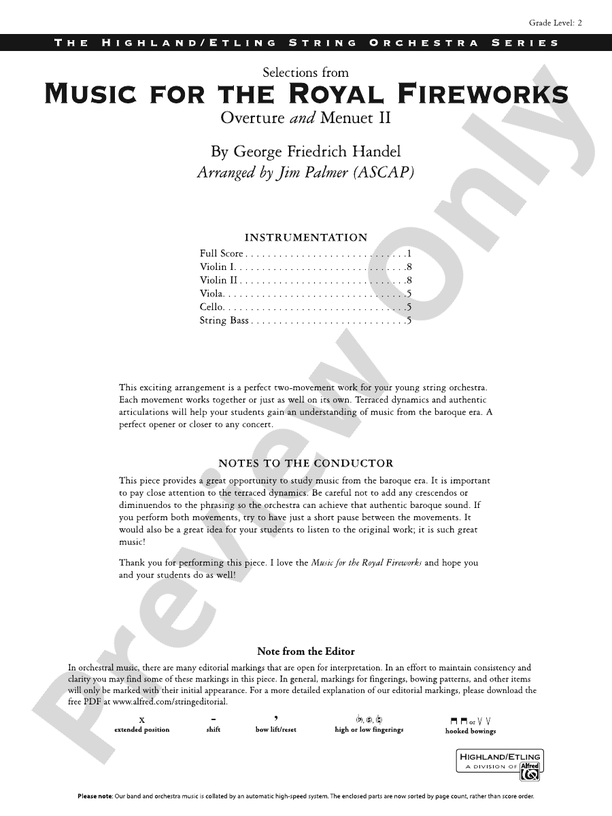 Selections from Music for the Royal Fireworks - String Orchestra Conductor Score & Parts (Digital Download)
