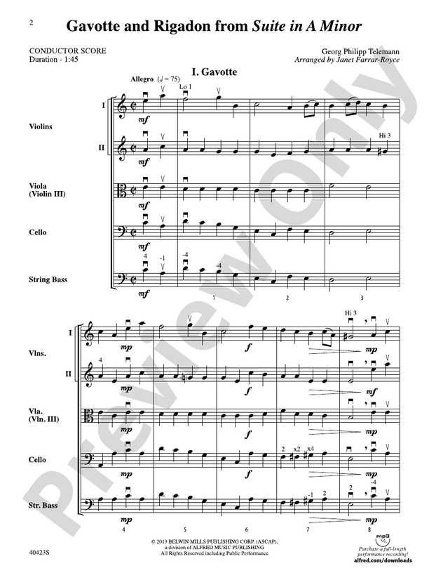 "Gavotte" and "Rigadon" from Suite in A Minor – String Orchestra Conductor Score & Parts (Digital Download)
