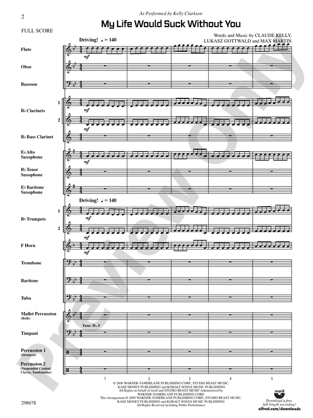My Life Would Suck Without You - Concert Band Conductor Score & Parts (Digital Download)