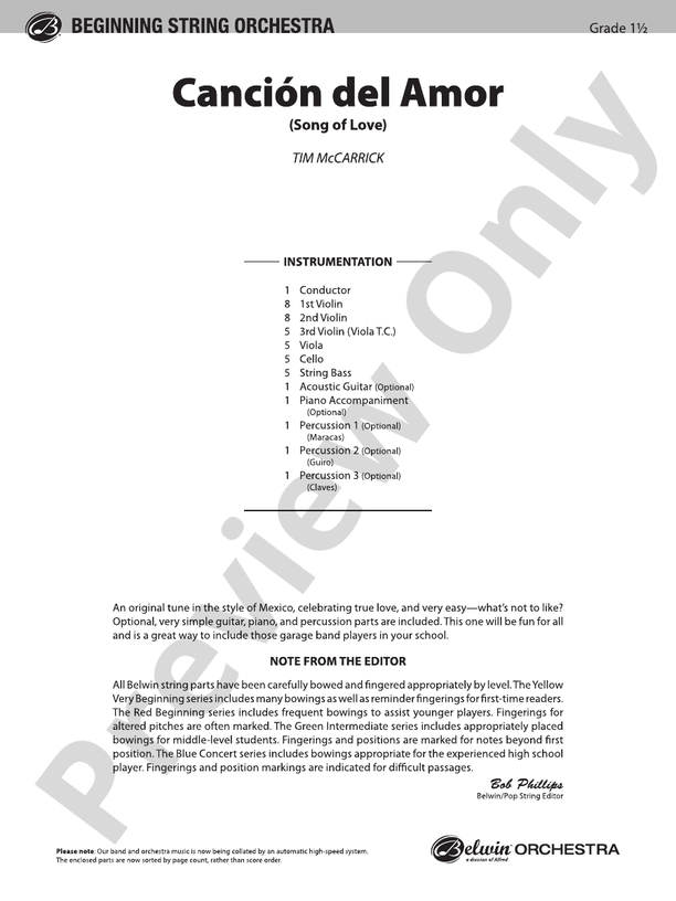 Canción del Amor – String Orchestra Conductor Score & Parts (Digital Download)