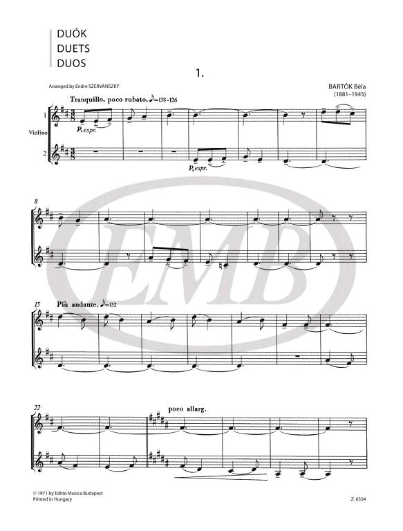 Bartok - Duos from 2-Part Choral Works - Violin Duet arranged by Szervansky EMB Z6554