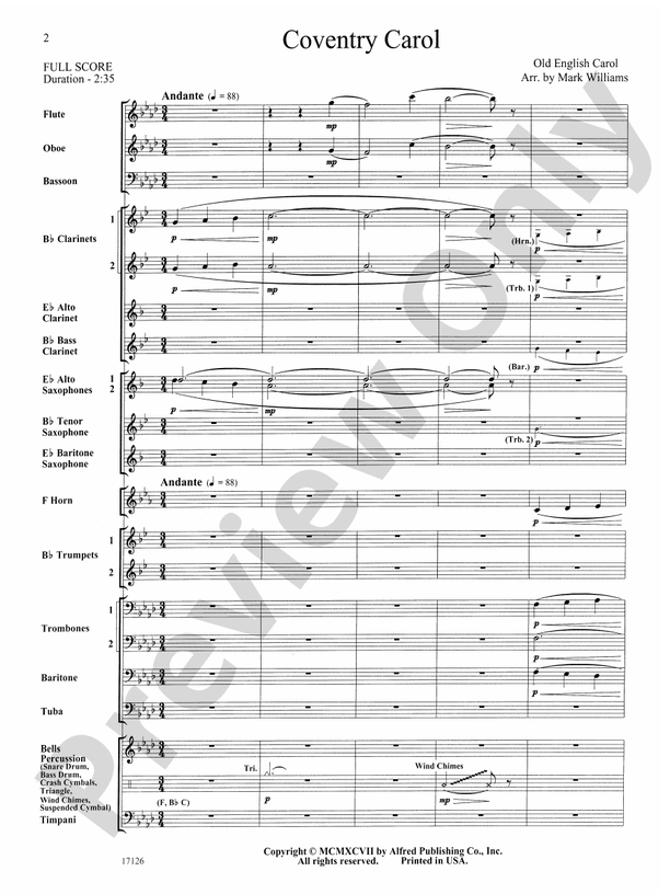 Coventry Carol (Grade 2) - Concert Band Conductor Score & Parts (Digital Download)