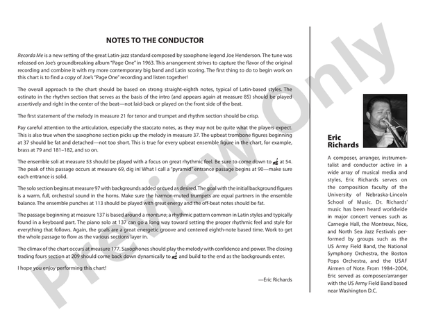 Recorda Me – Jazz Ensemble Conductor Score & Parts (Digital Download)