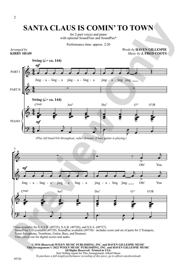Santa Claus Is Comin' to Town (Arr. Kirby Shaw) - 2 Part Treble Choral Octavo (Digital Download)