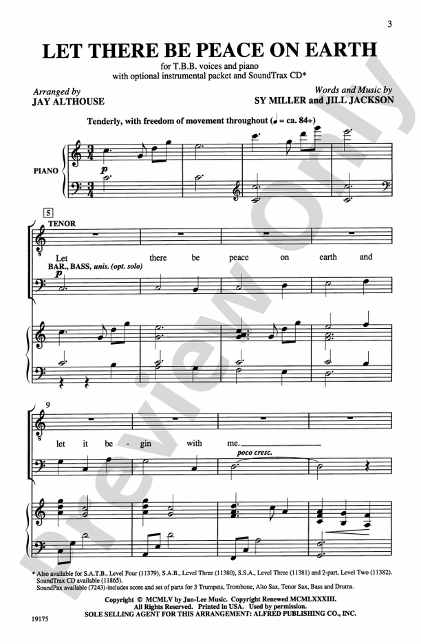 Let There Be Peace on Earth – TBB Choral Octavo (Digital Download)